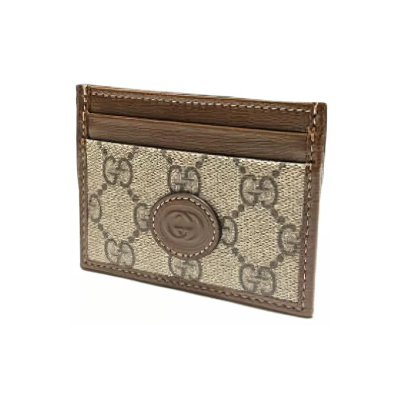 GUCCI Canvas With Leather Card Clip Card Holder Unisex Ebony & Brown-3