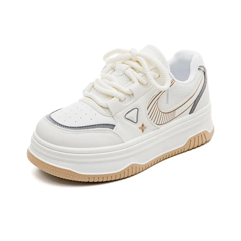 HUANQIU Non slip Lightweight Mid Top Skateboard Shoes Women's White Khaki-1