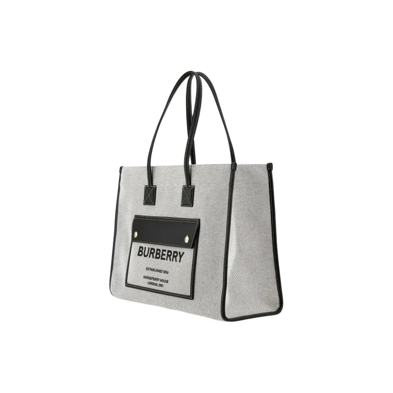 Burberry Freya Canvas With Leather Tote Bag Shopping Bag Canvas Bag One Shoulder Handbag Medium Size Women's Gray/Black-1