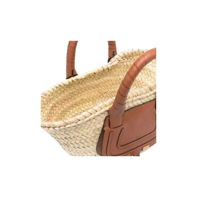 Chloe Marcie Raffia Patchwork Cow Leather Basket Bag Handbag Mini Women's Beige/Brown-4