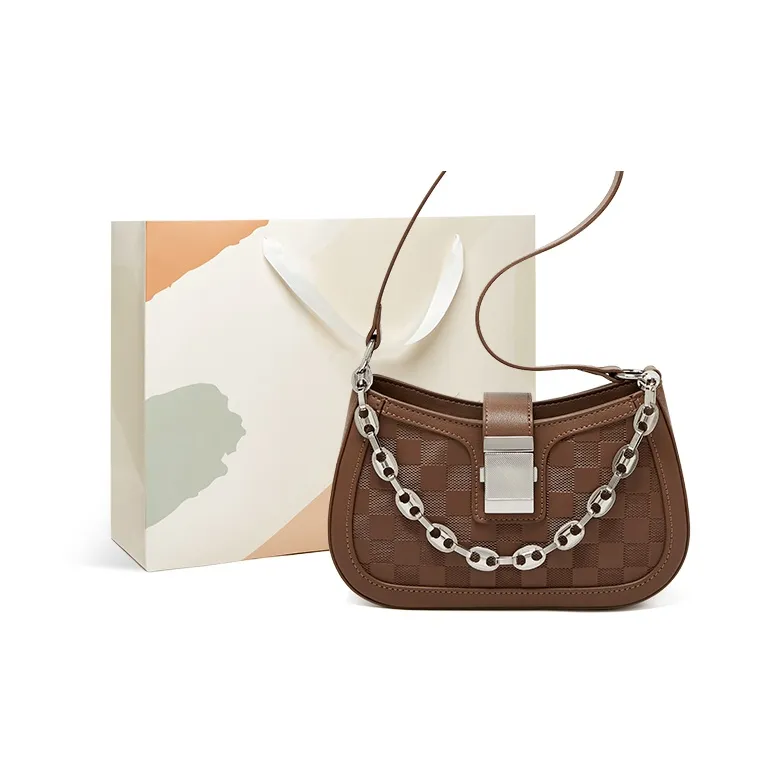 15 MINS Cow Leather Shoulder Bag Medium Size Women's White & Brown/Brown-4