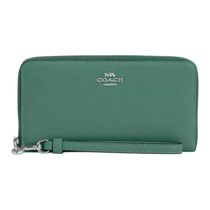 COACH Zip Around Pebbled Leather Clutch Coin Purse Wallet Small Size Women's Silver & Bright Green-0