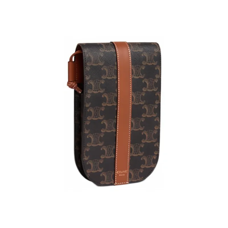 CELINE Triomphe Canvas With Leather One Shoulder Crossbody Cell Phone Pouch Men's Tawny-1