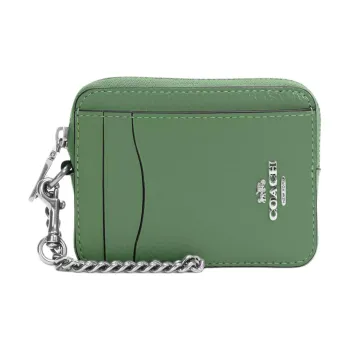 COACH Card Case Delicate Pebbled Leather Card Holder Mini Women's Silver & Light Green