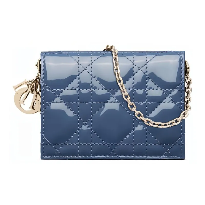 DIOR Lady Dior Patent Leather Cow Leather Card Holder Regular Women's Single Denim Blue-0
