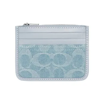 COACH Corner Zip Fabric With Cow Leather Wallet, Card Holder Women's Blue