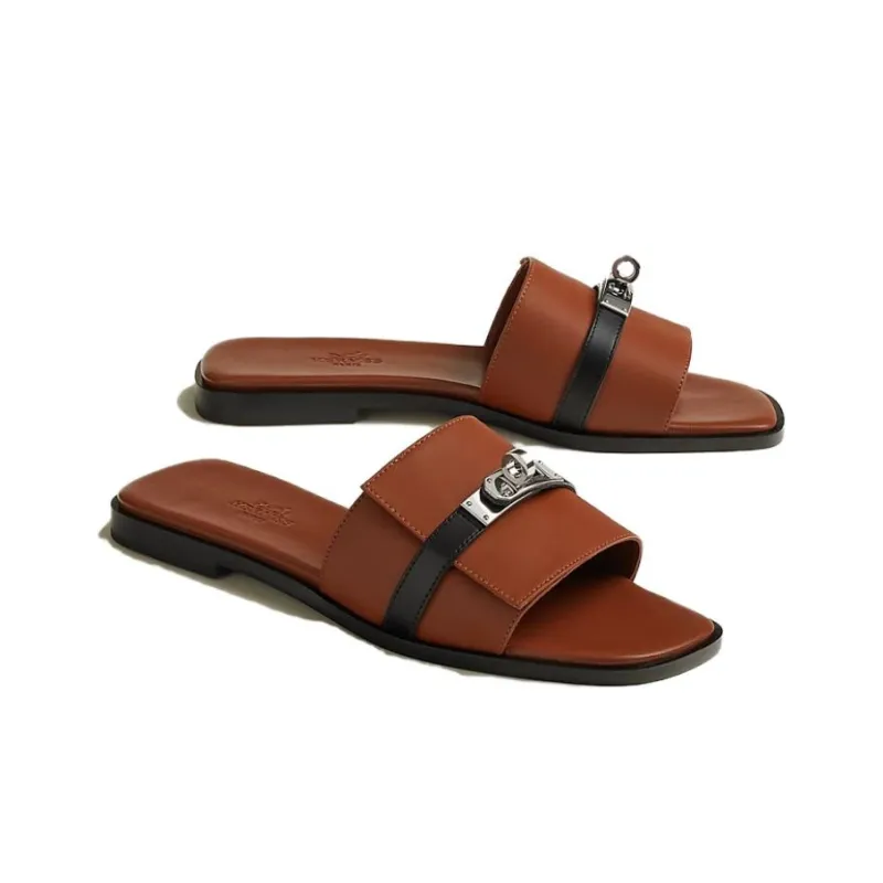 HERMES Giulia Slide Slippers Women's Brown-2