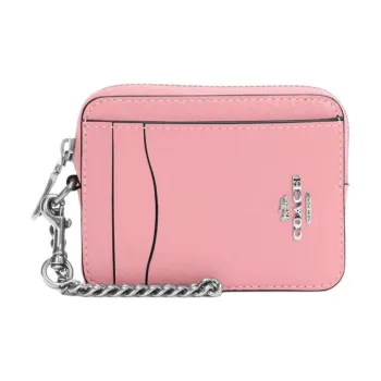 COACH Card Case Pebbled Leather Card Holder Mini Women's Silver & Blossom Pink