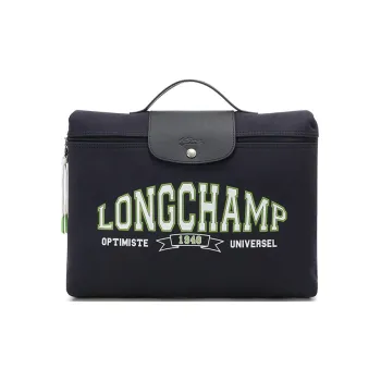 LONGCHAMP Cow Leather Fabric Handbag Regular Unisex Navy