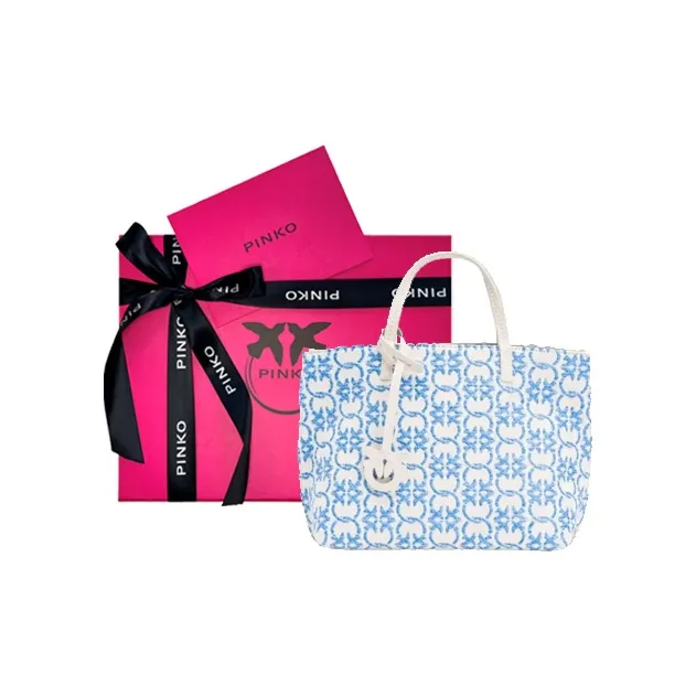 PINKO Polyethylene With Polyurethane With Cow Leather Tote Bag, Shopping Bag, Handbag Women's Blue & White-5