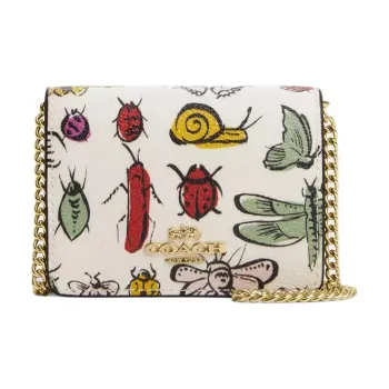 COACH Chain Coated Canvas With Smooth Leather Shoulder Bag Crossbody Bag Mini Women's Gold & Chalk Multicolor