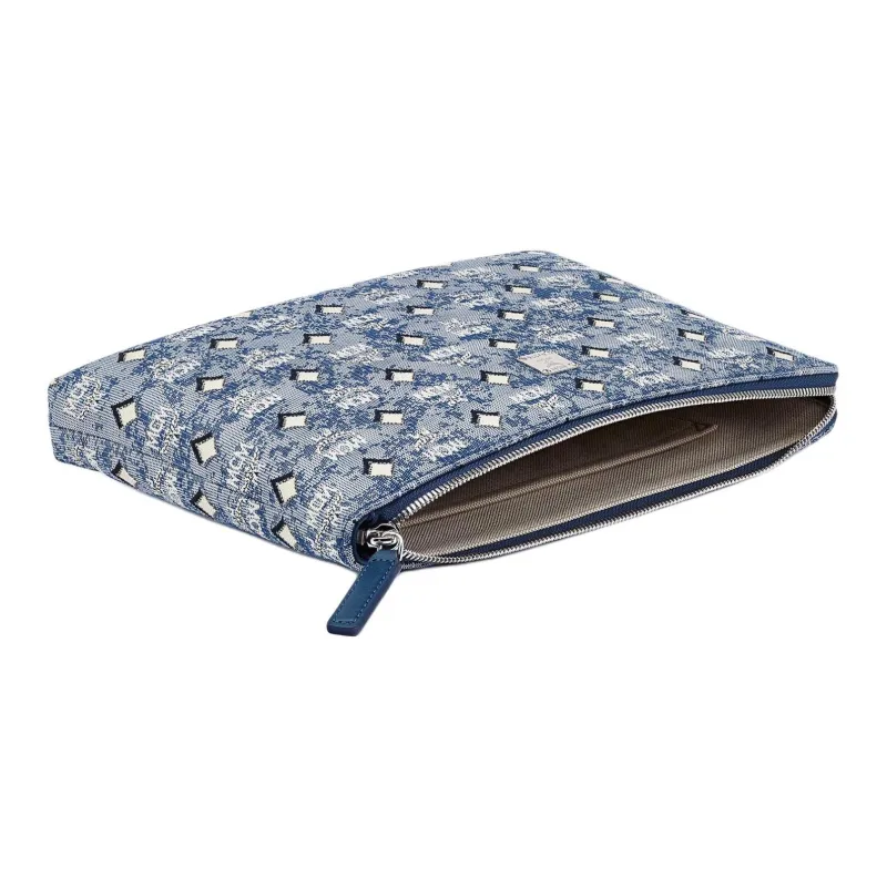 MCM Vintage Monogram Leather Fabric Clutch Women's Blue-4