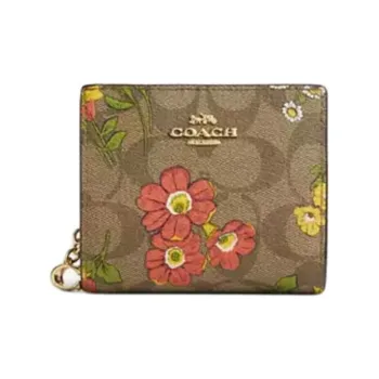 COACH Snap Wallet Iconic Coated Canvas With Smooth Leather Wallet Mini Women's Gold & Khaki Multicolor