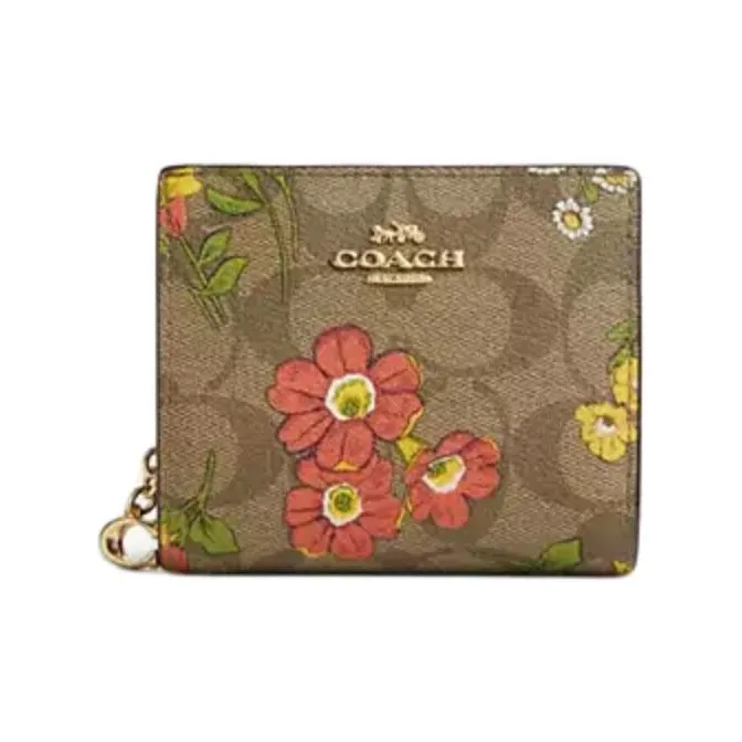 COACH Snap Wallet Iconic Coated Canvas With Smooth Leather Wallet Mini Women's Gold & Khaki Multicolor-0