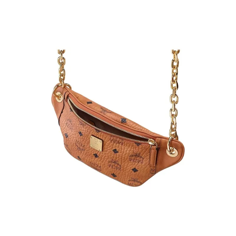 MCM Leather Canvas One Shoulder Crossbody Chain Fanny Pack Sling Bag Mini Women's Cognac-2
