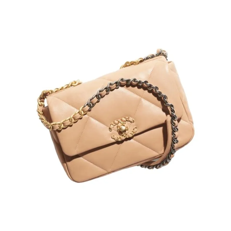 CHANEL 19Bag Bright Lambskin Handbag, Shoulder Bag, Crossbody Bag Women's Dark Beige-1