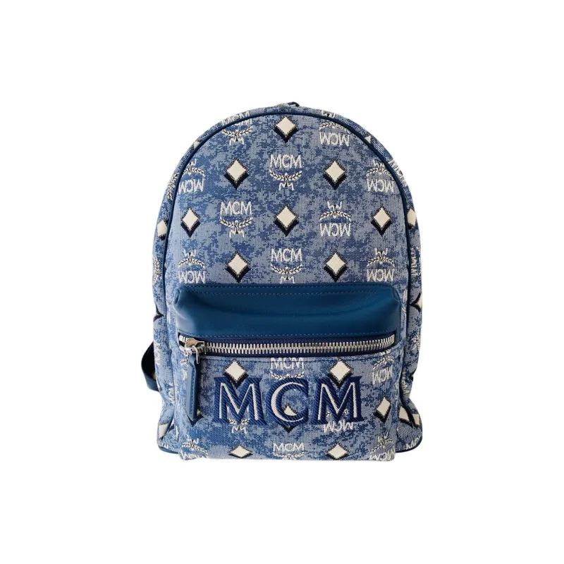 MCM Fabric Leather Backpack Medium Size Women's Blue-1
