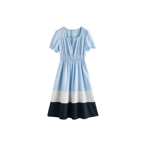 Initial language Short-Sleeved Dresses Women's Light Blue Plaid