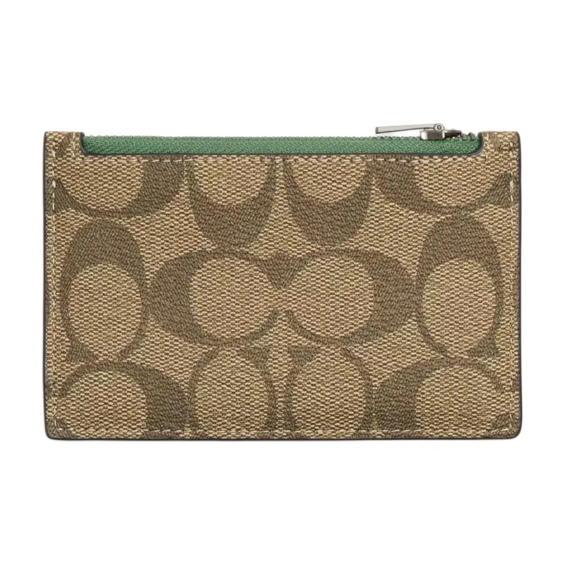 COACH Card Case Signature Coated Canvas With Exquisite Calfskin Wallet Mini Men's Khaki & Light Green-2