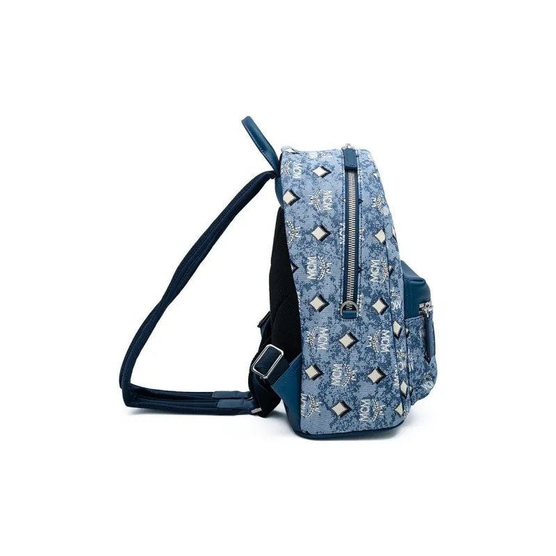 MCM Fabric Leather Backpack Medium Size Women's Blue-3