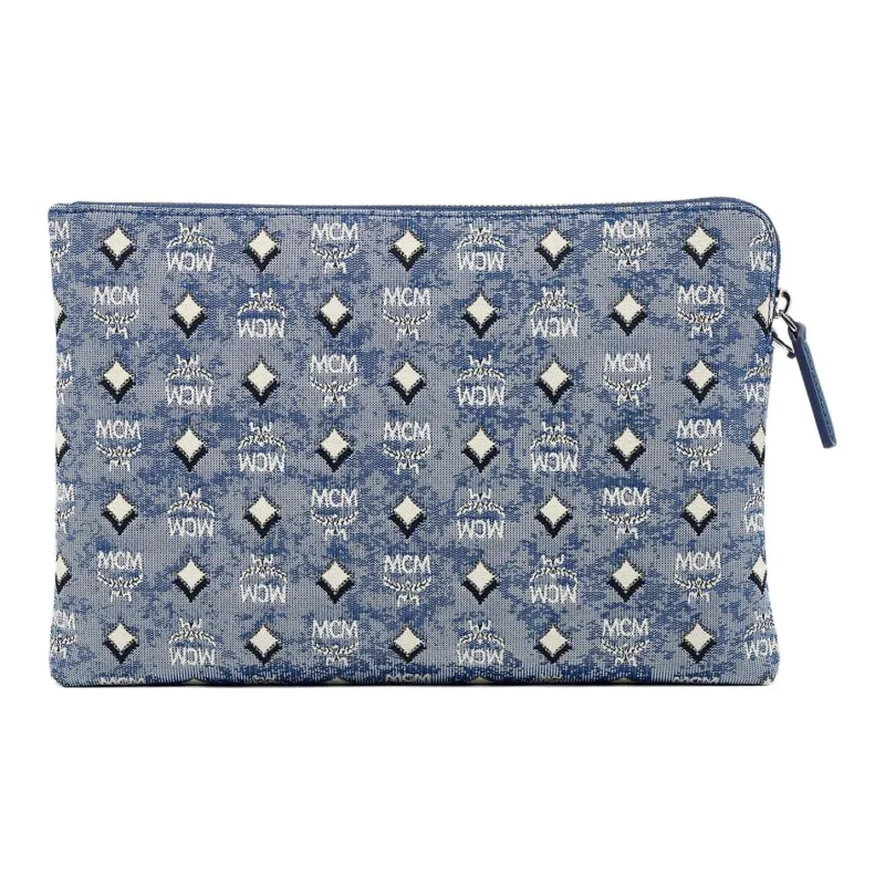 MCM Vintage Monogram Leather Fabric Clutch Women's Blue-3