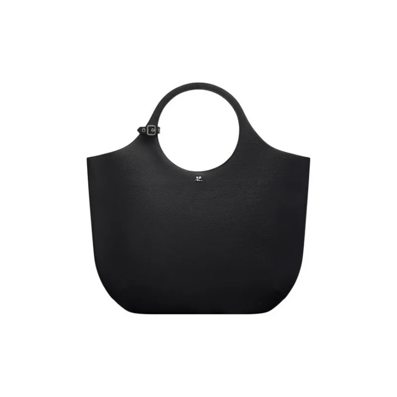 COURREGES Grain Leather Shoulder Bag, Crossbody Bag, Handbag Large Size Women's Black-0
