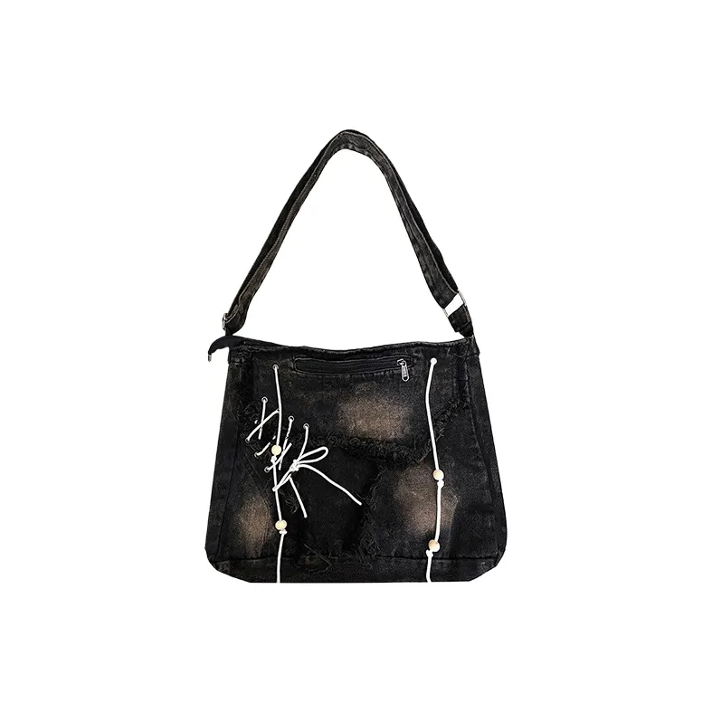 CARTELO Denim Tote Shoulder Bag Crossbody Bag Handbag Unisex Vintage Blue/Black-5