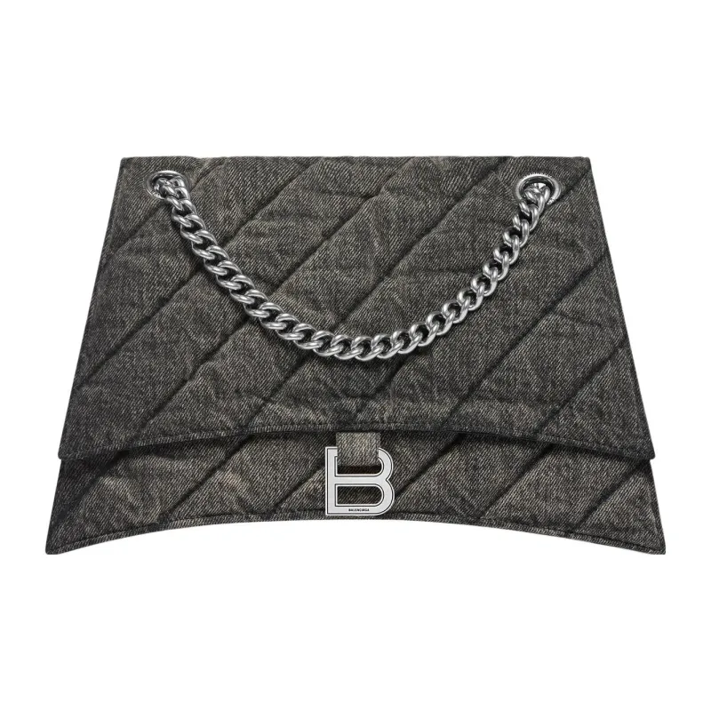 Balenciaga Crush Medium Chain Bag In Quilted Denim Black-0
