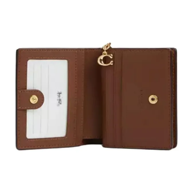 COACH Snap Wallet Iconic Coated Canvas With Smooth Leather Wallet Mini Women's Gold & Khaki Multicolor-1