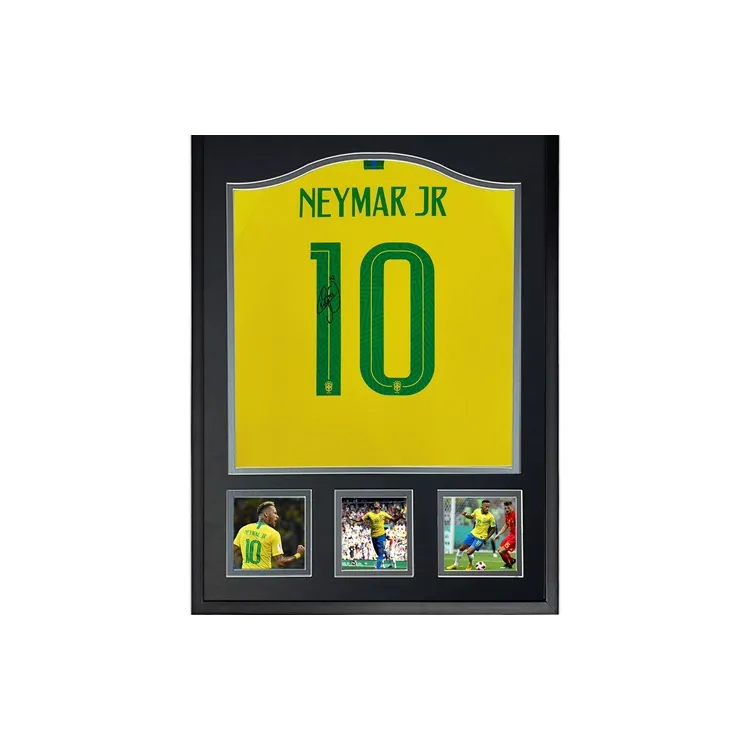 Three For Neymar 2018 World Cup Brazil Signed Soccer Apparel Jersey Framed Includes Certificate-0
