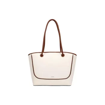 HONGU Cow Leather Tote Bag Shopping Bag Shoulder Bag Handbag Large Size Women's White & Brown