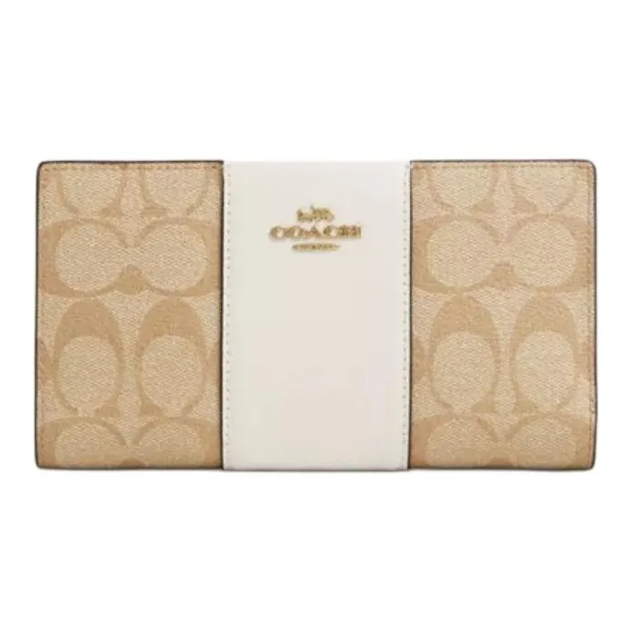 COACH Slim Wallet Coated Canvas With Smooth Leather Wallet Small Size Women's Light Khaki & White-0