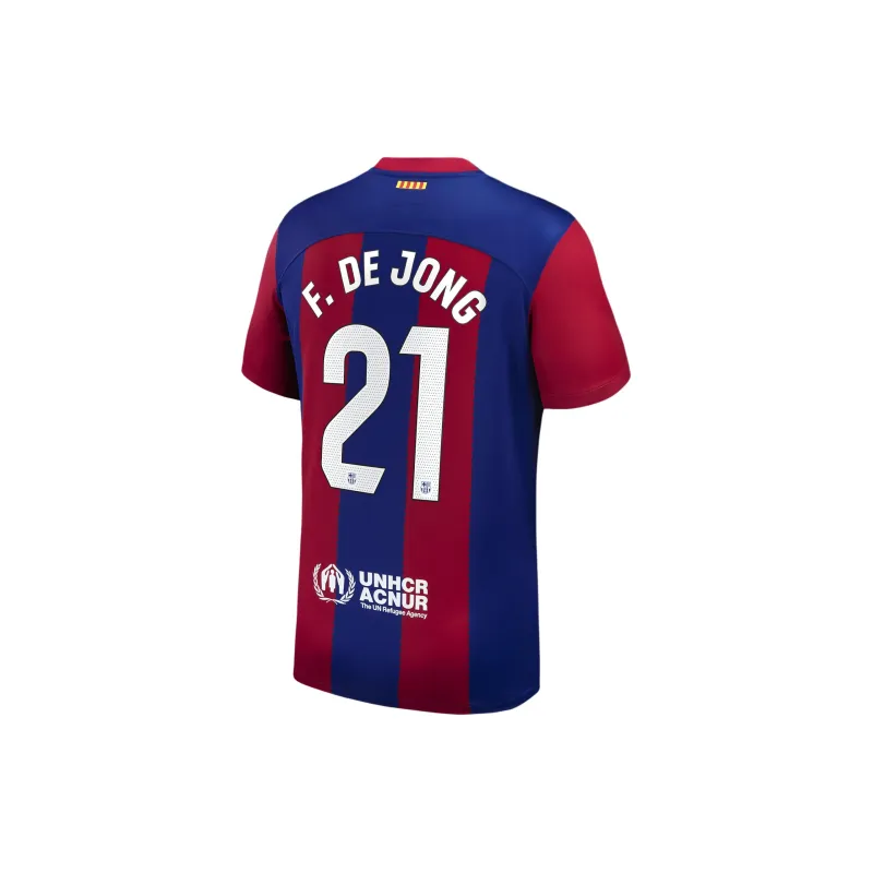 Nike Frenkie De Jong Barcelona 2023/24 Stadium Home T-Shirt Men's Blue Red-1
