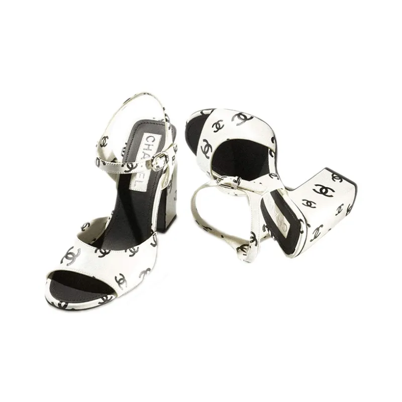 CHANEL Cc 100mm Heeled Sandal White Leather Women's-4