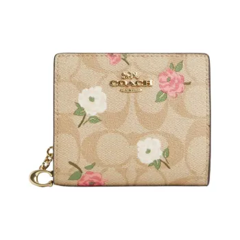 COACH Snap Wallet Iconic Coated Canvas With Smooth Leather Wallet Mini Women's Gold & Light Khaki Chalk Multicolor