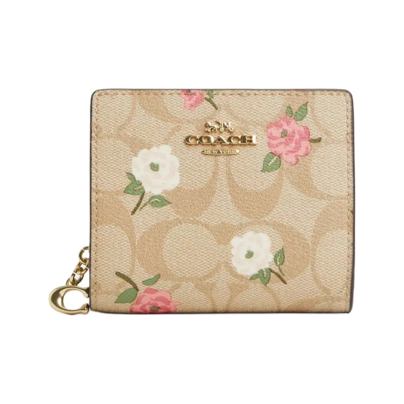COACH Snap Wallet Iconic Coated Canvas With Smooth Leather Wallet Mini Women's Gold & Light Khaki Chalk Multicolor-0