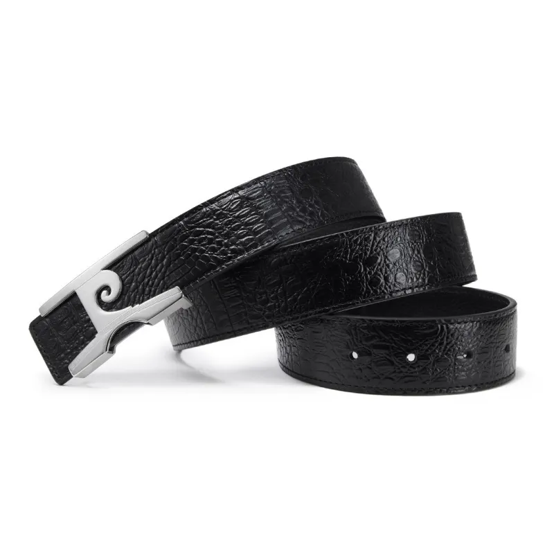 PIERRE CARDIN High End Plate Buckle Belt Top Grain Cow Leather Father Festival Dad Belt Men's Gunmetal 3.4cm-3