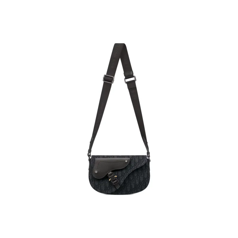 DIOR Printed Fabric With Grain Cow Leather Saddle Messenger Bag, Shoulder Bag, Crossbody Bag Unisex Black-1