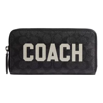 COACH Accordion Wallet Signature Coated Canvas With Exquisite Calfskin Wallet Small Size Unisex Charcoal Multicolor