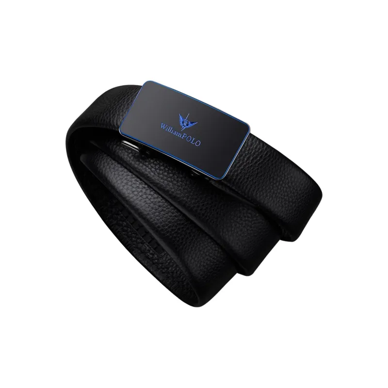 WilliamPOLO Top Grain Cow Leather Leather Belts Men's Blue Inward Curling Hair 3.5cm Width-1
