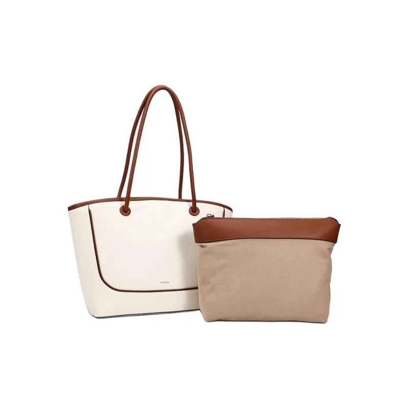 HONGU Cow Leather Tote Bag, Shopping Bag, Shoulder Bag, Handbag Tubas Women's White & Brown-2