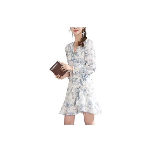 MISHOW Long-Sleeved Dresses Women's Blue And White Porcelain