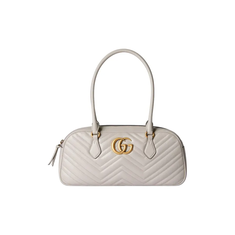 GUCCI GG Marmont Herringbone Leather One Shoulder Handbag Medium Size Women's Light Gray-0