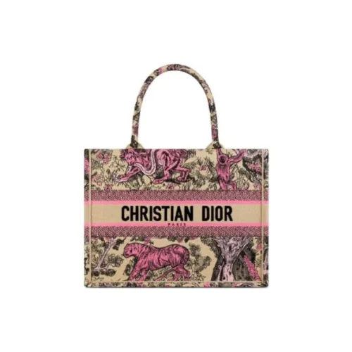 DIOR Embroidery Tote Bag Shopping Bag Handbag Medium Size Women's Beige & Pink