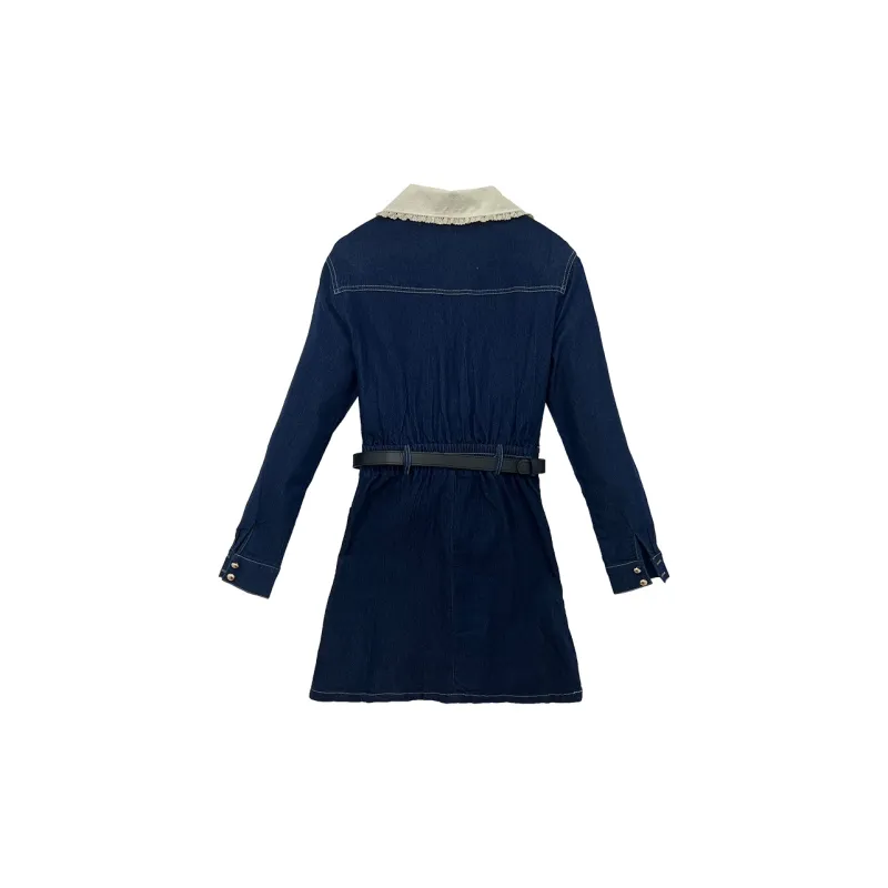 Icicofficial Long Sleeved Dresses Women's Blue White Collar-1