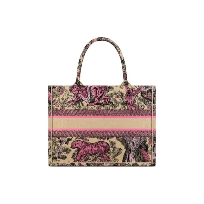 DIOR Embroidery Tote Bag Shopping Bag Handbag Medium Size Women's Beige & Pink-2