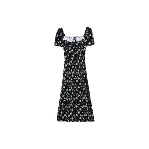 TIBINB Short-Sleeved Dresses Women's Black Floral Pattern