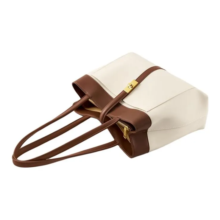 Carnival Keep Cow Leather With Synthetic Leather Tote Handbag, Shoulder Bag Regular Women's Coffee & White-1