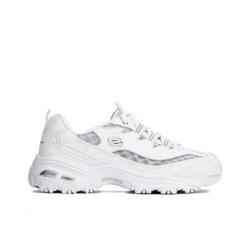 Skechers D'LITES 1.0 Cushioning Anti Slip And Wear Resistant Low Top Chunky Sneakers Women's White Silver-1