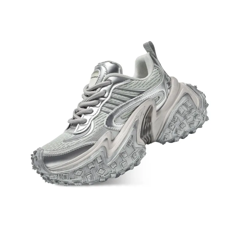 CHERYKALLY Chunky Sneakers Women's Low Top Silver/Gray-5